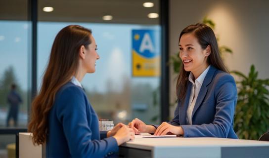Friendly support agent assisting a customer with Czech motorway e-vignette at the counter
